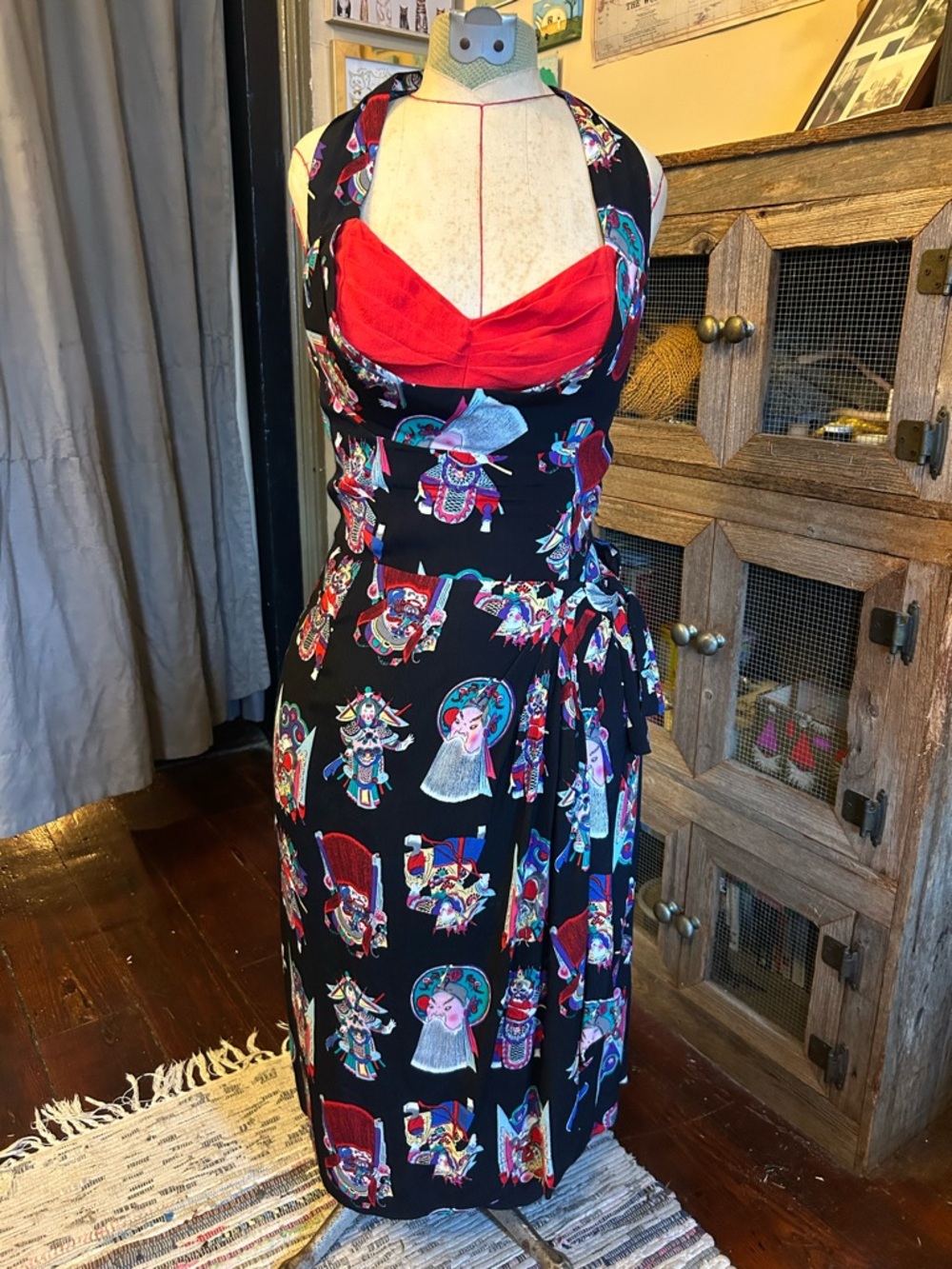 Trashy Diva Black Halter Wrap Dress with Red Bust and Japanese / Asian Print